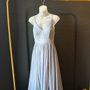 AZAZIE KIRI Dusty Blue Flowy Pleated Mesh Dress size 4 bridesmaid dress